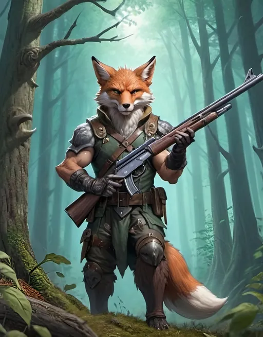 Prompt:  fox which is a hunter holdingshooting rifle in a forest with trees in the background and, Ed Binkley, fantasy art, fantasy artwork, a digital rendering