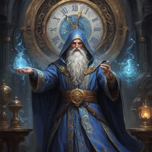 Prompt: “Capture the essence of the enigmatic keeper of time: depict Zilean, the Chronokeeper, standing amidst swirling hourglasses and arcane symbols with a large clock on his back, wearing a blue flowing robe, his eyes shining with the wisdom of centuries as he manipulates the very fabric of time.”