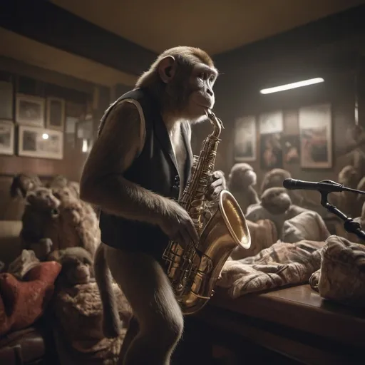 Prompt: a picture of a monkey  playing on saxophone in a light bar wearin vest with a lot of blankets in the background, Alex Petruk APe, sots art, imax 70 mm footage, a silk screen