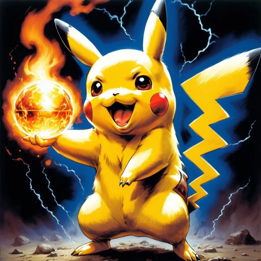 Prompt: a picture of a pikachu holding a firebal Drew Struzan, shock art, official art, concept art