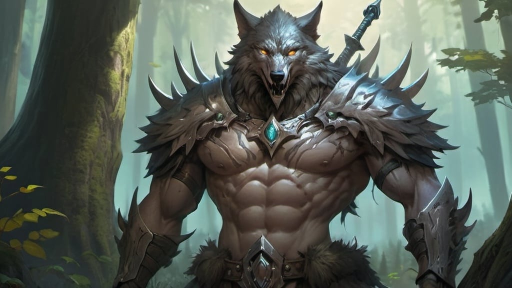 Prompt: a wolf looks like wither in armor caries two swords on his back one silver and one metal and  with a forest in the background, Chris Rahn, furry art, epic fantasy character art, concept art