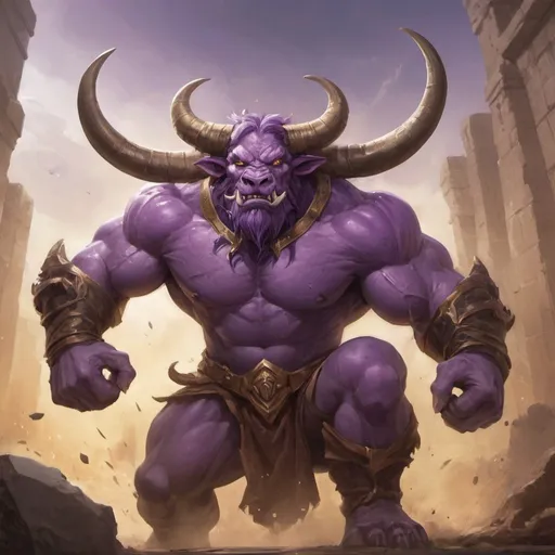 Prompt: Channel the unstoppable power of Minot aura: Illustrate Alistar, the purple Minotaur charging across the battlefield, traversing the wall with his two horns lowered and his muscles straining with the current of power as he roars with destruction, powering the earth beneath his two hooves.