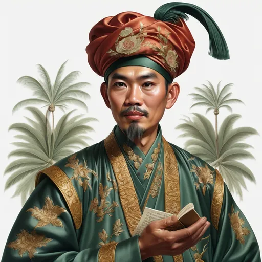 Prompt: "Design a polished and eloquent Penghulu Bendahari of Melaka, responsible for diplomacy and trade. He wears silk robes with intricate embroidery, symbolizing his role in managing wealth and international relations. His turban is tied neatly, and he holds a scroll or a trade ledger. His expression is calm yet confident, reflecting his skill in negotiation and maintaining Melaka’s status as a major trade hub."