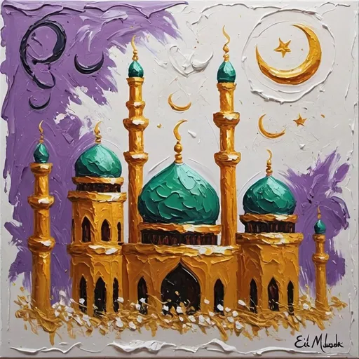 Prompt: thick impasto oil painting of a Eid Mubarak message thick bumpy paint strokes

