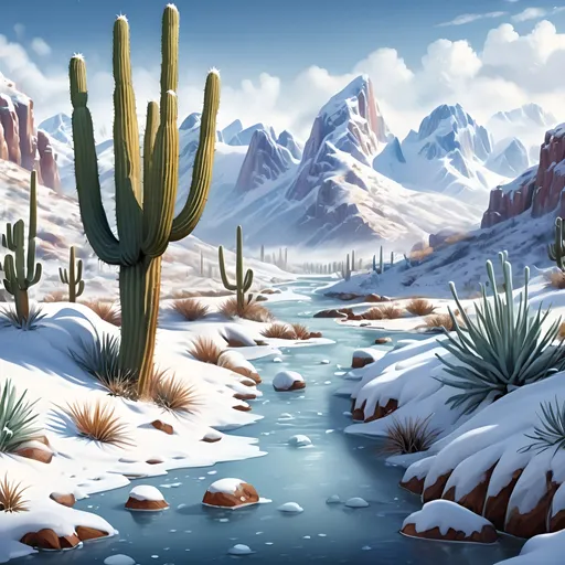 Prompt: Snowy mountains and frozen canyons in 8k, realistic style, close-up view, frozen rivers, snow-covered trees, cacti in open brush, high resolution, ultra-realistic, detailed landscape, winter scenery, icy blue tones, natural lighting, realistic snow textures, serene atmosphere, professional quality