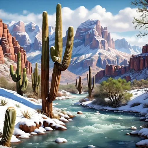 Prompt: Snowy mountains, canyons, rivers frozen 8k. Closeup, realistic style,  tree's and cactus in the open brush.