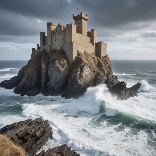 Prompt: castle, ancient, towering, perched precariously on a rugged cliff, with waves crashing, relentless and foamy, against the sheer, weather-beaten rocks below