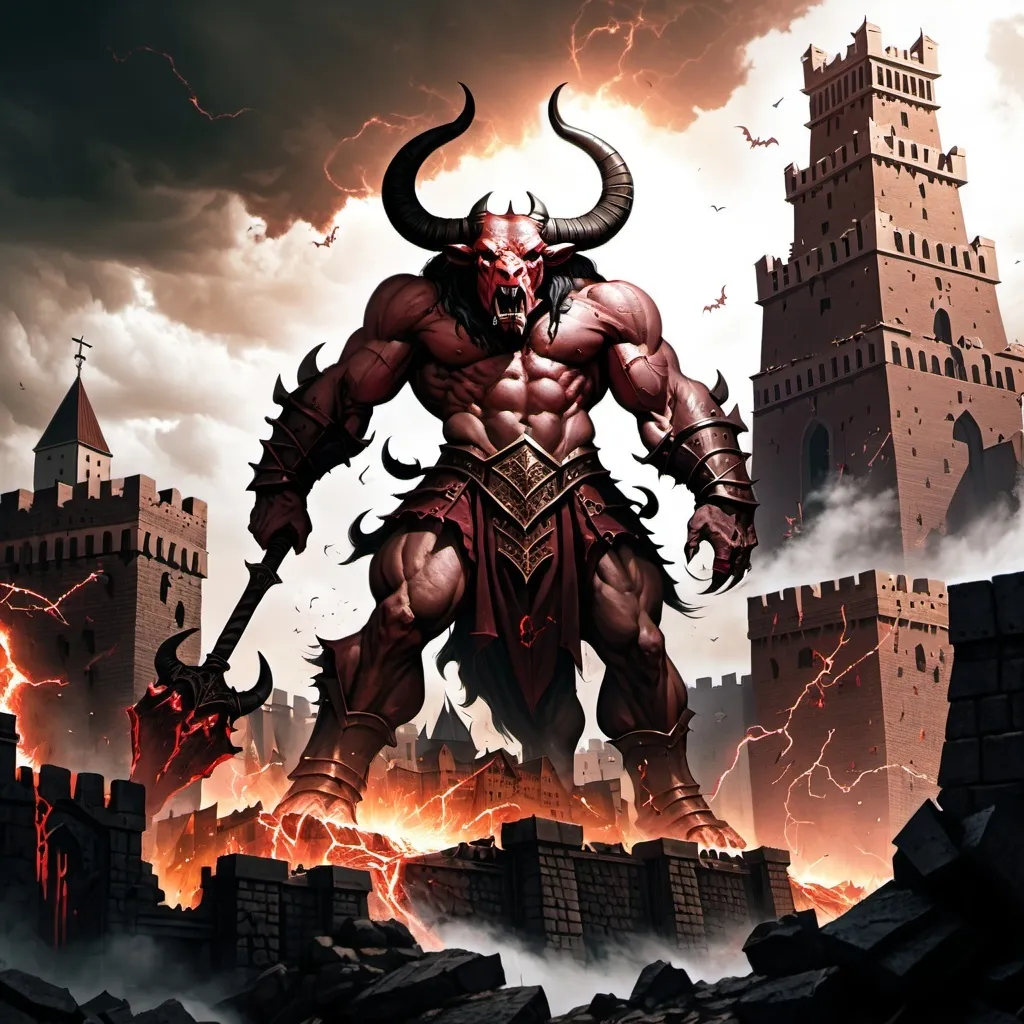 Prompt: A tower demonic god minotaur crushing a sprawling medieval city.