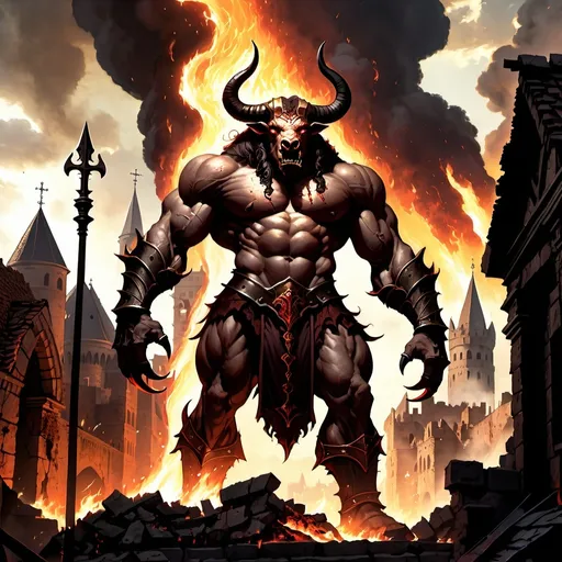 Prompt: A towering demonic minotaur overlooking a ruined sprawling medieval era city. Flames erupting and cascading through the streets.