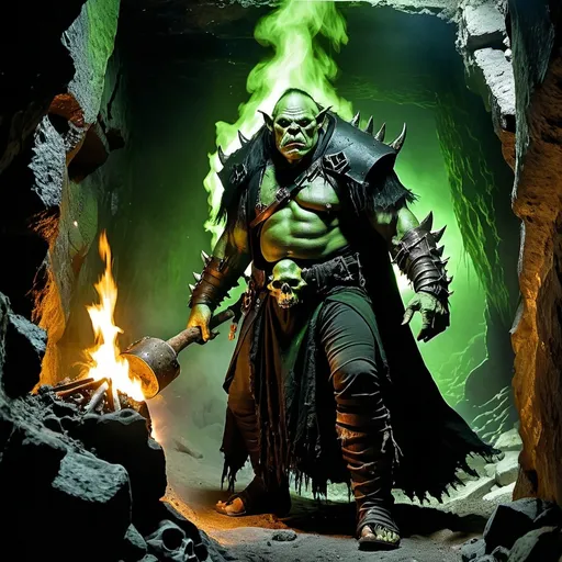 Prompt: Orc warlock, deep green skin, ragged black cloaks. Standing in a mineshaft lit by sparce torches on the walls. 