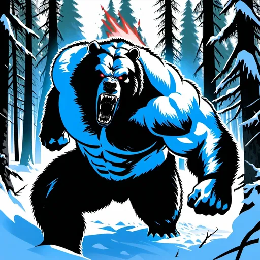 Prompt: A werebear, massive 700 pound bear-man thrashing through a Russian forest, snow covered ground, trees snapping like twigs. Enraged and intimidating.