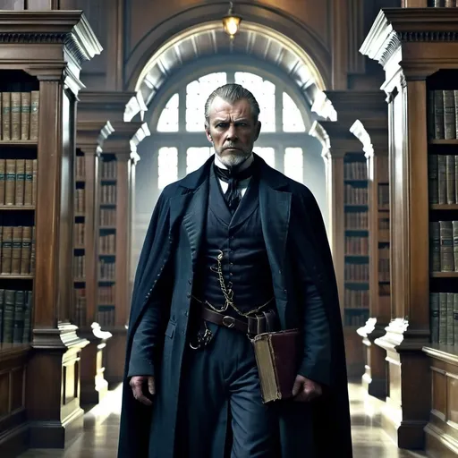 Prompt: The curator, an entity many centuries old, the appearance of a mature adult man but the air of death encircled him. A grand library around him. His stare as intimidating as it is inviting.