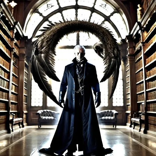 Prompt: The curator, an entity many centuries old, the appearance of a mature adult man but the air of death encircled him. A grand library around him. His stare as intimidating as it is inviting.