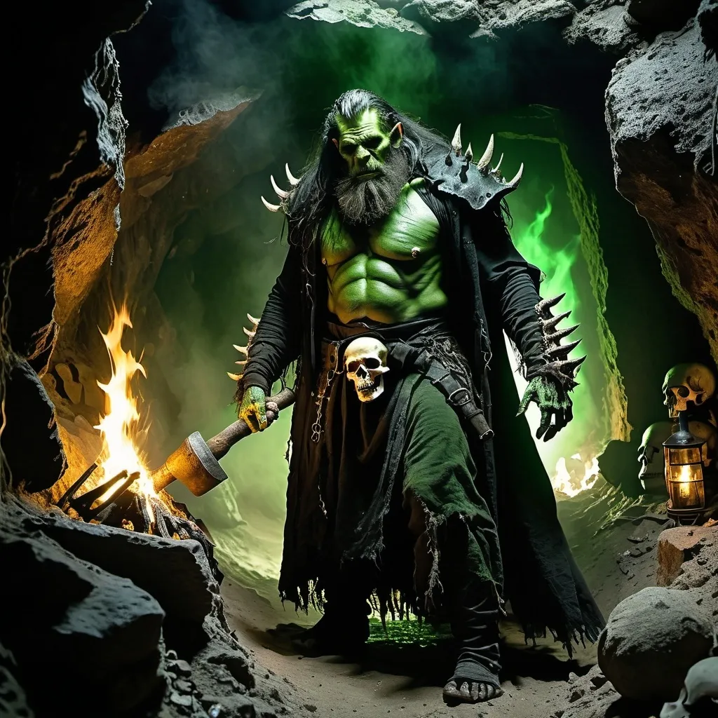 Prompt: Orc warlock, deep green skin, ragged black cloaks, long unkempt hair and beard . Standing in a mineshaft lit by sparce torches on the walls. Old Skeletons litter the ground