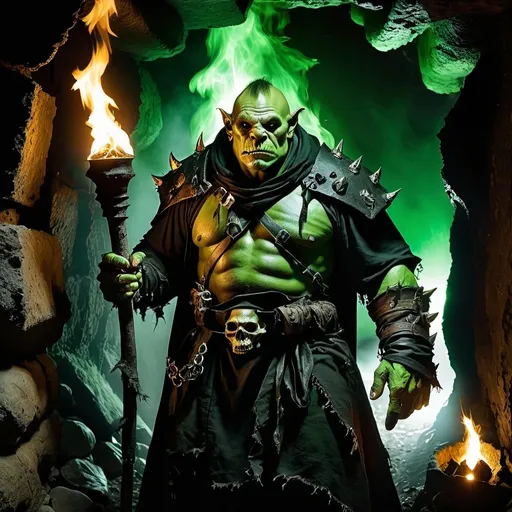 Prompt: Orc warlock, deep green skin, ragged black cloaks. Standing in a mineshaft lit by sparce torches on the walls. 