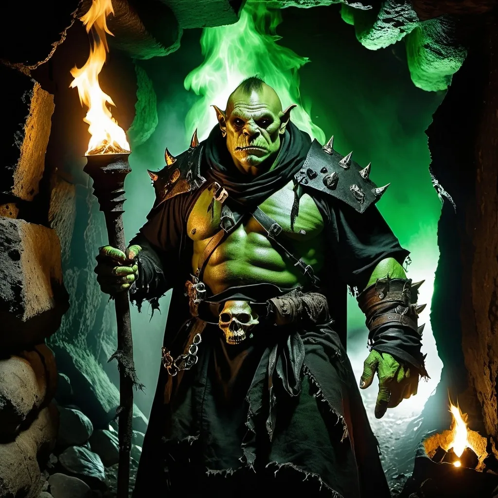 Prompt: Orc warlock, deep green skin, ragged black cloaks. Standing in a mineshaft lit by sparce torches on the walls. 