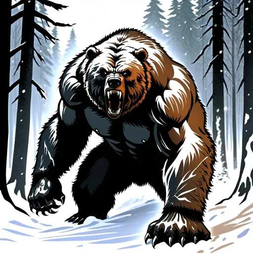 Prompt: A werebear, massive 700 pound bear-man thrashing through a Russian forest, snow covered ground, trees snapping like twigs. Enraged and intimidating.