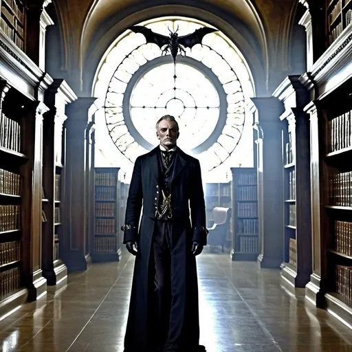 Prompt: The curator, an entity many centuries old, the appearance of a mature adult man but the air of death encircled him. A grand library around him. His stare as intimidating as it is inviting.