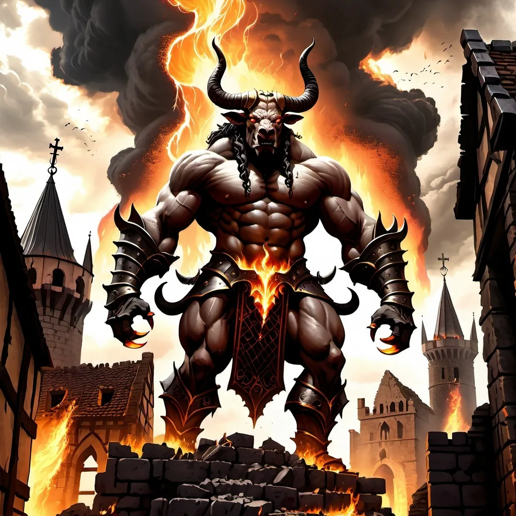 Prompt: A towering demonic minotaur overlooking a ruined sprawling medieval era city. Flames erupting and cascading through the streets. Storm clouds looming overhead mixing with the smoke and cinders.