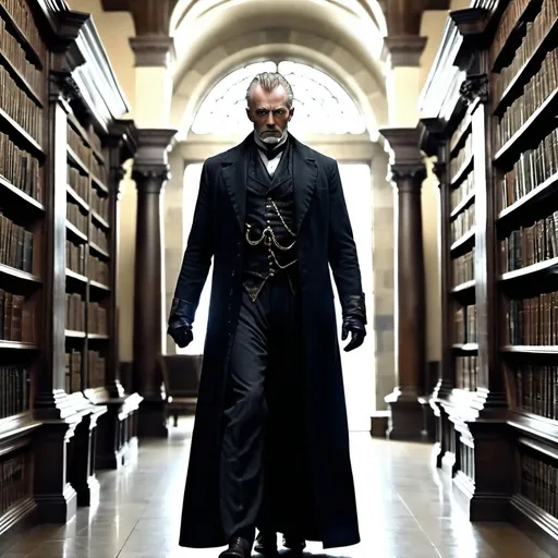 Prompt: The curator, an entity many centuries old, the appearance of a mature adult man but the air of death encircled him. A grand library around him. His stare as intimidating as it is inviting.