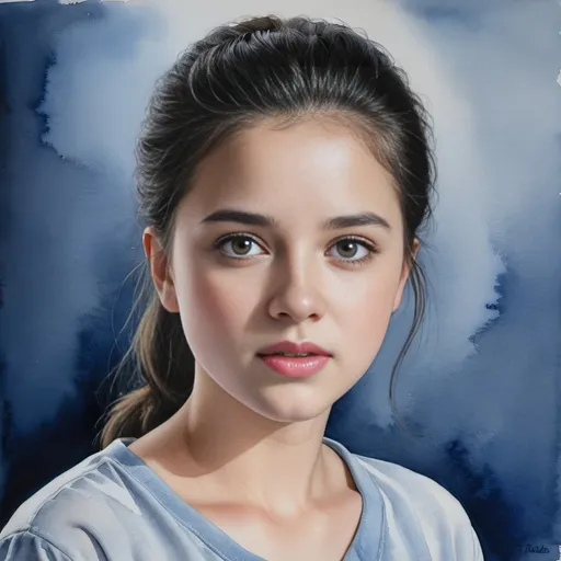 Prompt: Photorealistic watercolor painting of Christabel Dennison, girl in gray shirt, black hairline, blue background, figurative art, detailed portrait, watercolor, realistic, high quality, photorealistic, detailed features, professional, watercolor painting, subtle colors, figurative art, detailed expression, highres, atmospheric lighting, young Lady Capulet