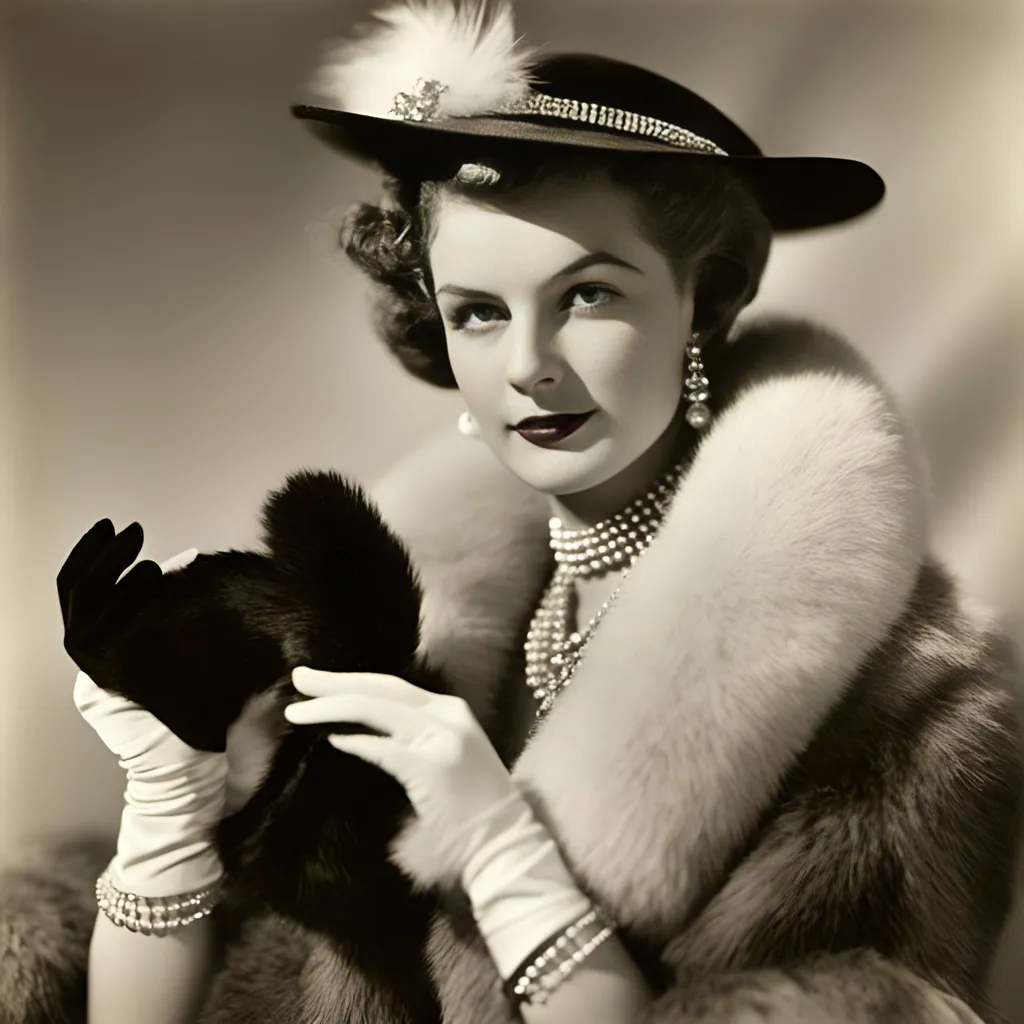 Prompt: <mymodel>Art deco promotional image of Doris Blair, woman in fur coat and hat, holding a purse, chain around neck, wearing a bow, perfect hands and fingers in white silk gloves, character portrait, professional, highres, detailed, art deco, glamorous, vintage, luxurious fur, lovable sardonic sneer, elegant pose, gold and black color scheme, dramatic lighting, turban, Lido