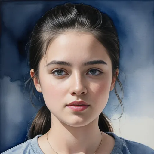 Prompt: Photorealistic watercolor painting of Christabel Dennison, girl in gray shirt, black hairline, blue background, figurative art, detailed portrait, watercolor, realistic, high quality, photorealistic, detailed features, professional, watercolor painting, subtle colors, figurative art, detailed expression, highres, atmospheric lighting, young Lady Capulet