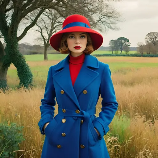 Prompt: a woman in a red hat and blue coat standing in a field with trees in the background and grass and bushes, Alice Prin, fauvism, fashion photography, a character portrait