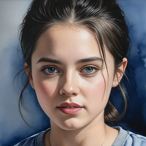 Prompt: Photorealistic watercolor painting of Christabel Dennison, girl in gray shirt, black hairline, blue background, figurative art, detailed portrait, watercolor, realistic, high quality, photorealistic, detailed features, professional, watercolor painting, subtle colors, figurative art, detailed expression, highres, atmospheric lighting, young Lady Capulet