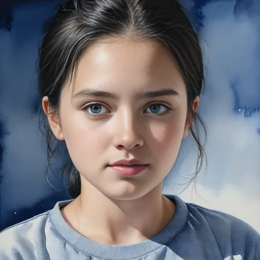 Prompt: Photorealistic watercolor painting of Christabel Dennison, girl in gray shirt, black hairline, blue background, figurative art, detailed portrait, watercolor, realistic, high quality, photorealistic, detailed features, professional, watercolor painting, subtle colors, figurative art, detailed expression, highres, atmospheric lighting