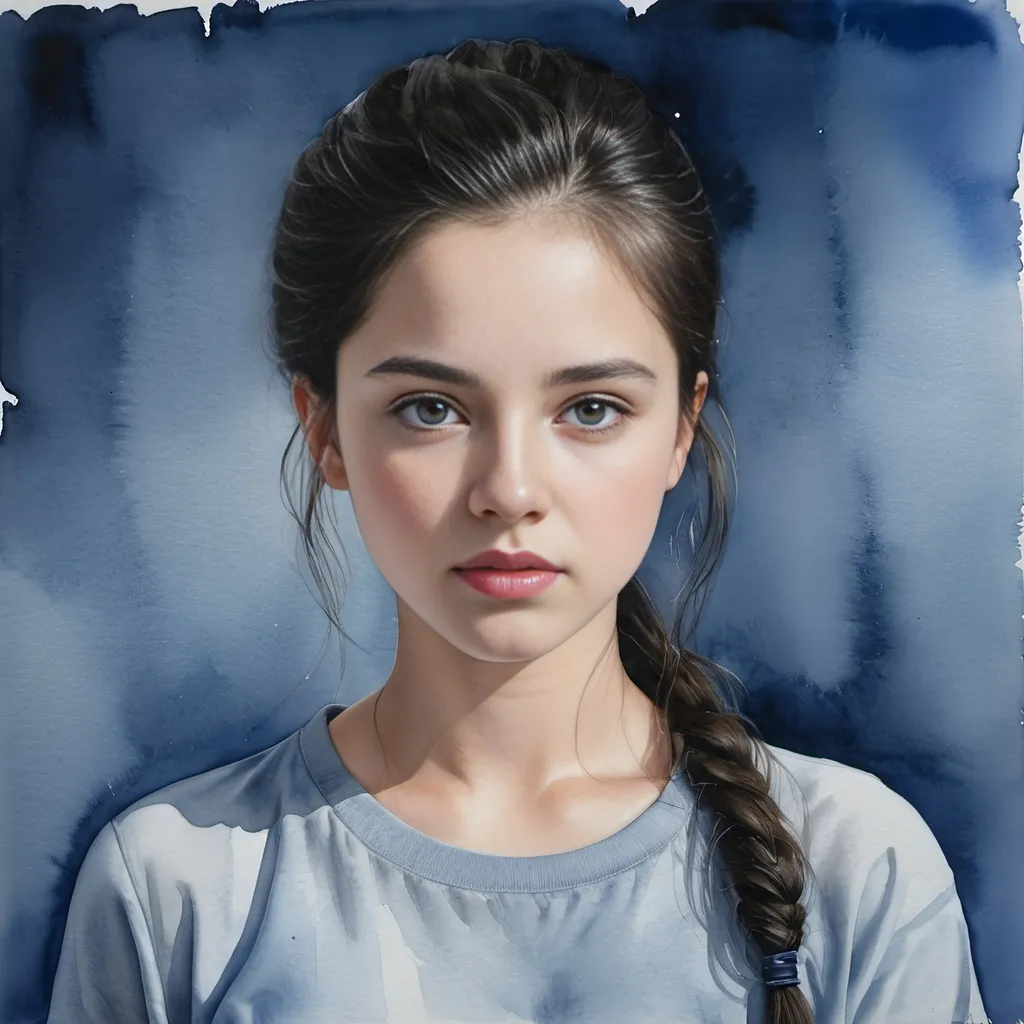 Prompt: Photorealistic watercolor painting of Christabel Dennison, girl in gray shirt, black hairline, blue background, figurative art, detailed portrait, watercolor, realistic, high quality, photorealistic, detailed features, professional, watercolor painting, subtle colors, figurative art, detailed expression, highres, atmospheric lighting, young Lady Capulet