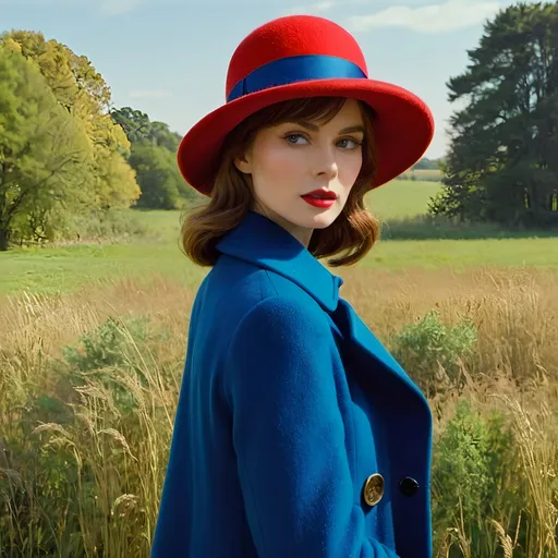 Prompt: a woman in a red hat and blue coat standing in a field with trees in the background and grass and bushes, Alice Prin, fauvism, fashion photography, a character portrait