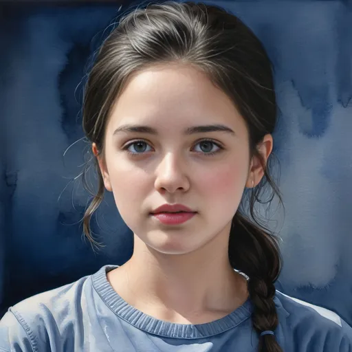 Prompt: Photorealistic watercolor painting of Christabel Dennison, girl in gray shirt, black hairline, blue background, figurative art, detailed portrait, watercolor, realistic, high quality, photorealistic, detailed features, professional, watercolor painting, subtle colors, figurative art, detailed expression, highres, atmospheric lighting, young Lady Capulet