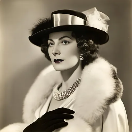 Prompt: <mymodel> a woman in a fur coat and hat holding a purse and a chain around her neck and wearing a bow, Doris Blair, art deco, promotional image, a character portrait, perfect hands and fingers in white silk gloves