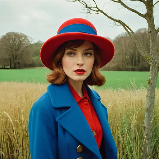 Prompt: a woman in a red hat and blue coat standing in a field with trees in the background and grass and bushes, Alice Prin, fauvism, fashion photography, a character portrait