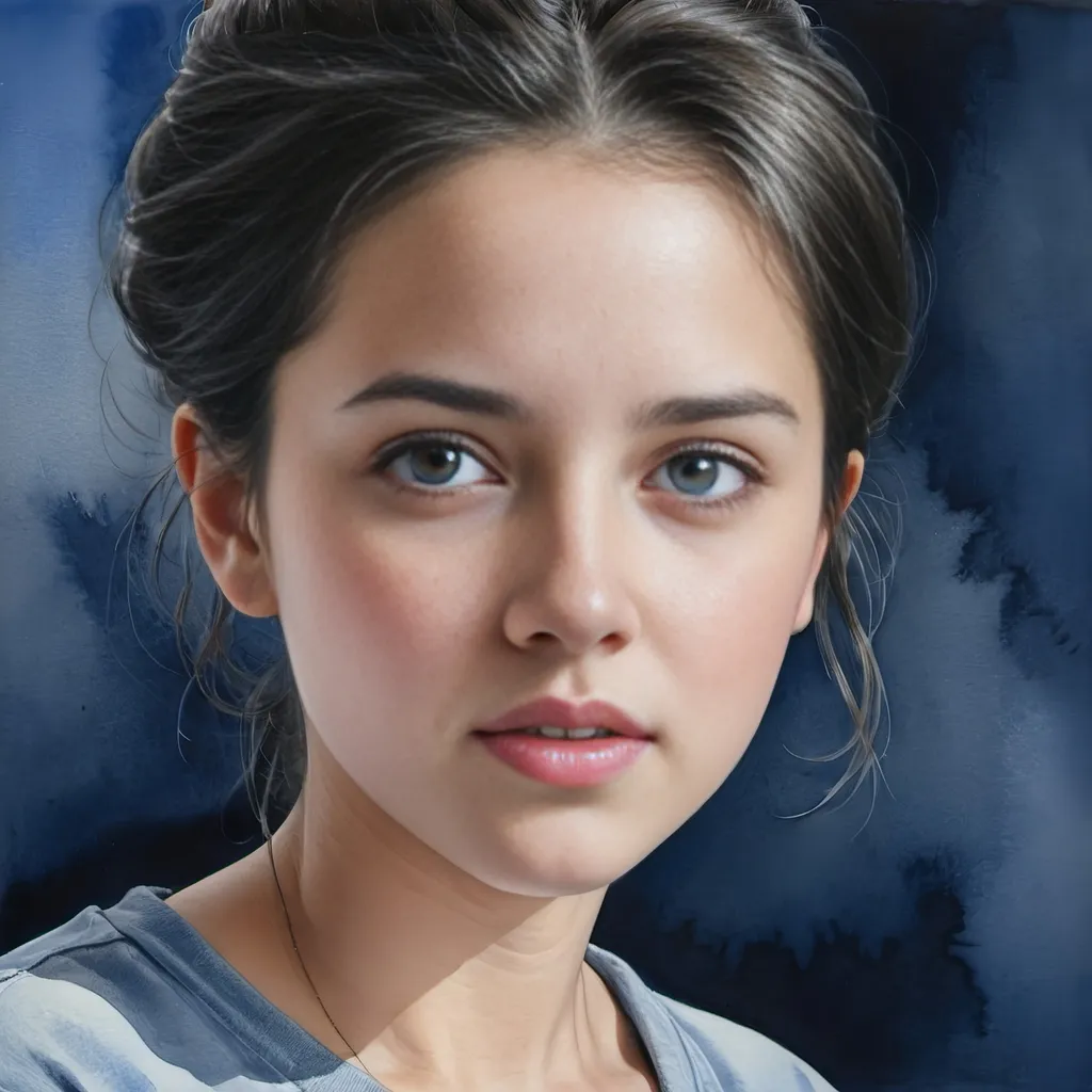 Prompt: Photorealistic watercolor painting of Christabel Dennison, girl in gray shirt, black hairline, blue background, figurative art, detailed portrait, watercolor, realistic, high quality, photorealistic, detailed features, professional, watercolor painting, subtle colors, figurative art, detailed expression, highres, atmospheric lighting