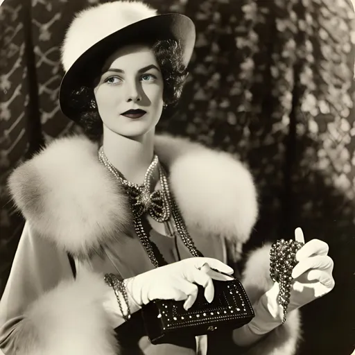 Prompt: <mymodel> a woman in a fur coat and hat holding a purse and a chain around her neck and wearing a bow, Doris Blair, art deco, promotional image, a character portrait, perfect hands and fingers in white silk gloves