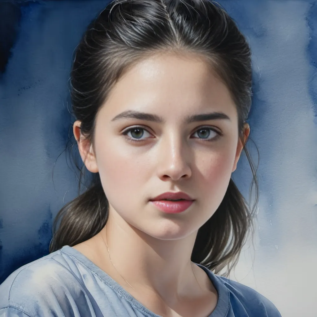 Prompt: Photorealistic watercolor painting of Christabel Dennison, girl in gray shirt, black hairline, blue background, figurative art, detailed portrait, watercolor, realistic, high quality, photorealistic, detailed features, professional, watercolor painting, subtle colors, figurative art, detailed expression, highres, atmospheric lighting, young Lady Capulet