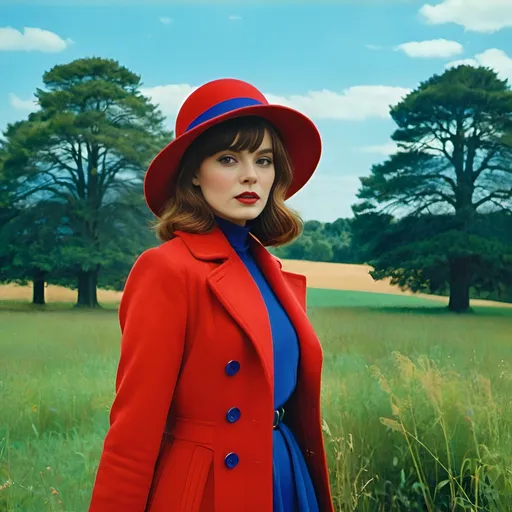 Prompt: a woman in a red hat and blue coat standing in a field with trees in the background and grass and bushes, Alice Prin, fauvism, fashion photography, a character portrait