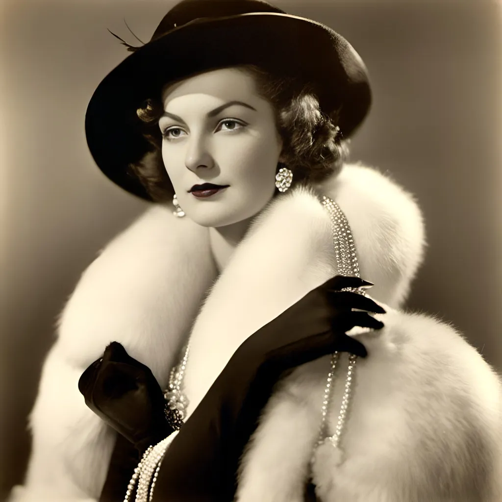Prompt: <mymodel>Art deco promotional image of Doris Blair, woman in fur coat and hat, holding a purse, chain around neck, wearing a bow, perfect hands and fingers in white silk gloves, character portrait, professional, highres, detailed, art deco, glamorous, vintage, luxurious fur, lovable sardonic sneer, elegant pose, gold and black color scheme, dramatic lighting