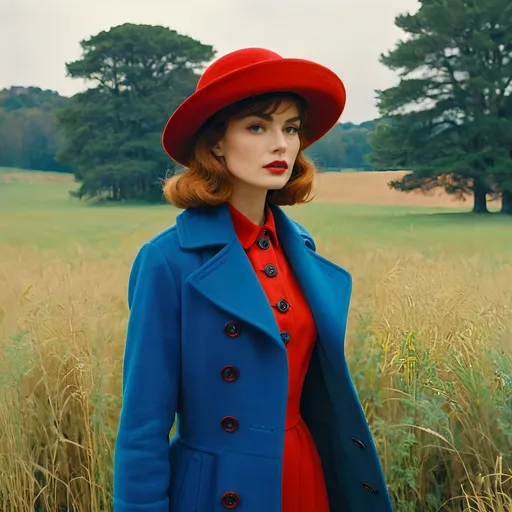 Prompt: a woman in a red hat and blue coat standing in a field with trees in the background and grass and bushes, Alice Prin, fauvism, fashion photography, a character portrait