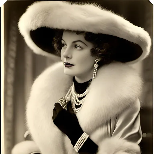 Prompt: <mymodel>Art deco promotional image of Doris Blair, woman in fur coat and hat, holding a purse, chain around neck, wearing a bow, perfect hands and fingers in white silk gloves, character portrait, professional, highres, detailed, art deco, glamorous, vintage, luxurious fur, lovable sardonic sneer, elegant pose, gold and black color scheme, dramatic lighting, turban, Lido