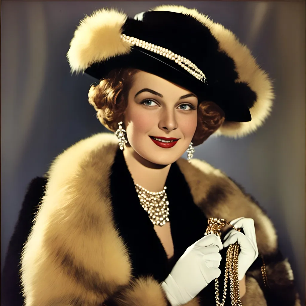 Prompt: <mymodel>Art deco promotional image of Doris Blair, woman in fur coat and hat, holding a purse, chain around neck, wearing a bow, perfect hands and fingers in white silk gloves, character portrait, professional, highres, detailed, art deco, glamorous, vintage, luxurious fur, radiant smile, elegant pose, gold and black color scheme, dramatic lighting