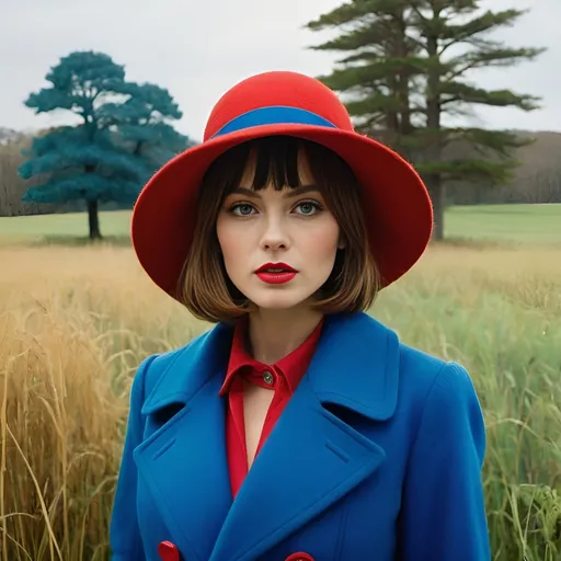 Prompt: a woman in a red hat and blue coat standing in a field with trees in the background and grass and bushes, Alice Prin, fauvism, fashion photography, a character portrait