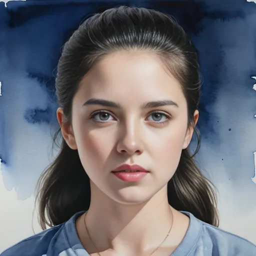 Prompt: Photorealistic watercolor painting of Christabel Dennison, girl in gray shirt, black hairline, blue background, figurative art, detailed portrait, watercolor, realistic, high quality, photorealistic, detailed features, professional, watercolor painting, subtle colors, figurative art, detailed expression, highres, atmospheric lighting, young Lady Capulet