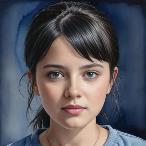 Prompt: Photorealistic watercolor painting of Christabel Dennison, girl in gray shirt, black hairline, blue background, figurative art, detailed portrait, watercolor, realistic, high quality, photorealistic, detailed features, professional, watercolor painting, subtle colors, figurative art, detailed expression, highres, atmospheric lighting