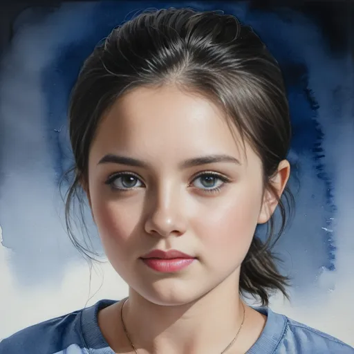 Prompt: Photorealistic watercolor painting of Christabel Dennison, girl in gray shirt, black hairline, blue background, figurative art, detailed portrait, watercolor, realistic, high quality, photorealistic, detailed features, professional, watercolor painting, subtle colors, figurative art, detailed expression, highres, atmospheric lighting