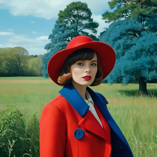 Prompt: a woman in a red hat and blue coat standing in a field with trees in the background and grass and bushes, Alice Prin, fauvism, fashion photography, a character portrait