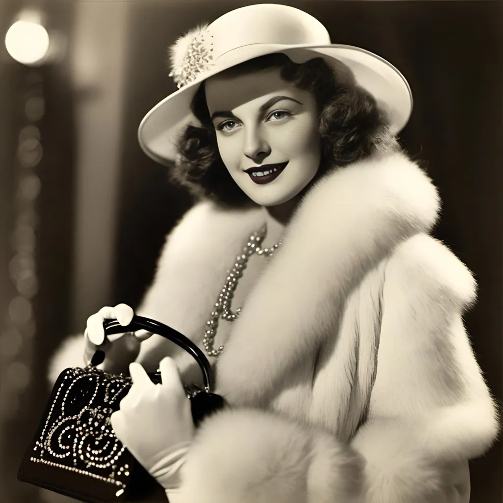 Prompt: <mymodel>Art deco promotional image of Doris Blair, woman in fur coat and hat, holding a purse, chain around neck, wearing a bow, perfect hands and fingers in white silk gloves, character portrait, professional, highres, detailed, art deco, glamorous, vintage, luxurious fur, radiant smile, elegant pose, gold and black color scheme, dramatic lighting