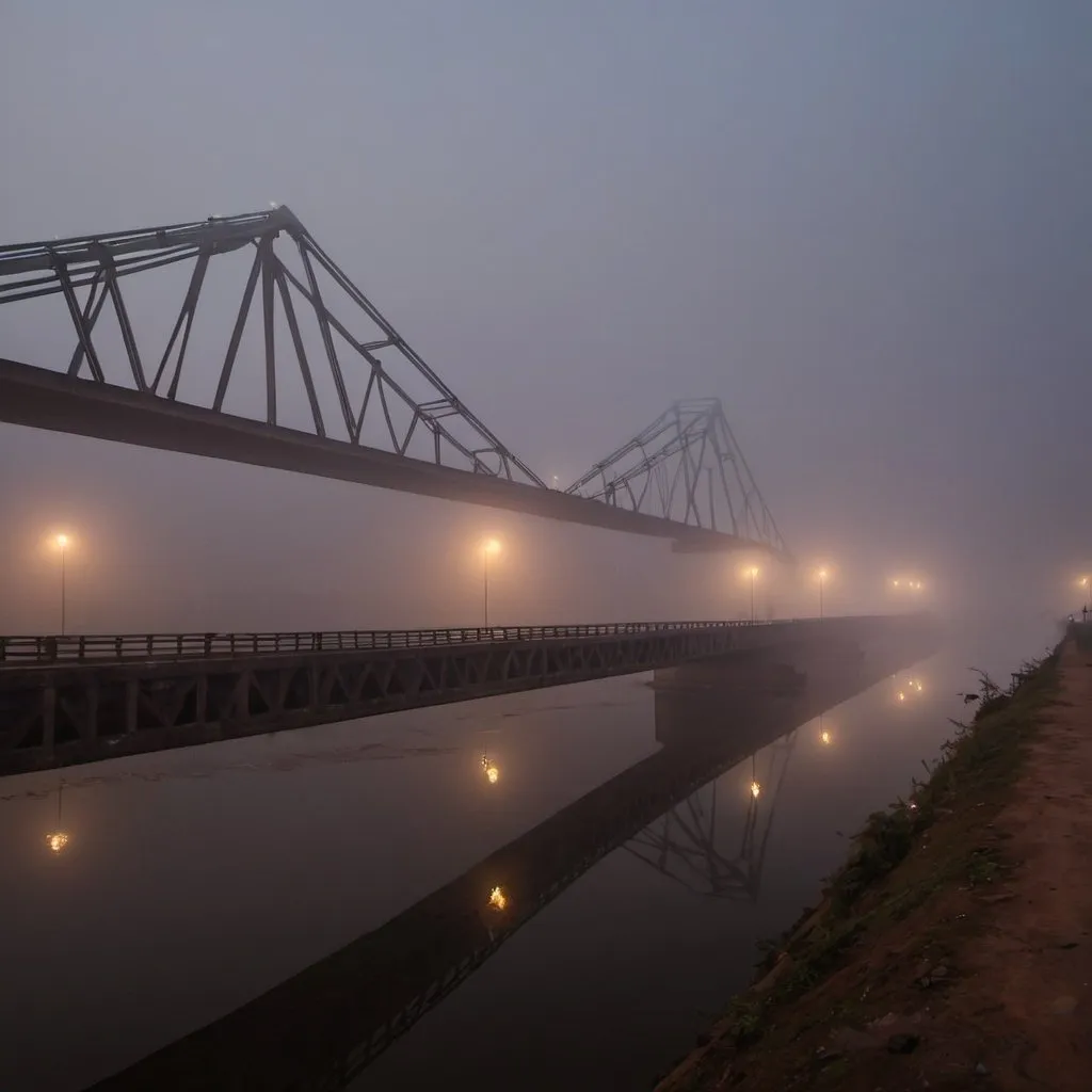 Prompt: foggy, rupsha bridge and Rupsha River, cinematic lighting